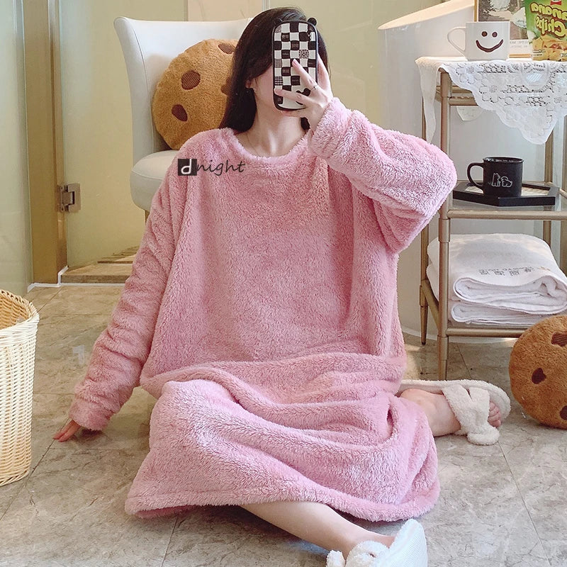 Women Winter Night Dress Warm Flannel Large Size 6XL Thick Nightgowns Warm Sleepwear Nightwear Pajamas sets Lounge Set Home Wear