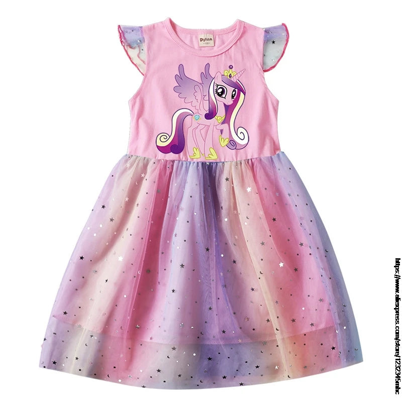 New Girls Mid-length Dress Flying Sleeves Round Neck My Little Baby girl pony Summer Dress Net Gauze Princess Dress