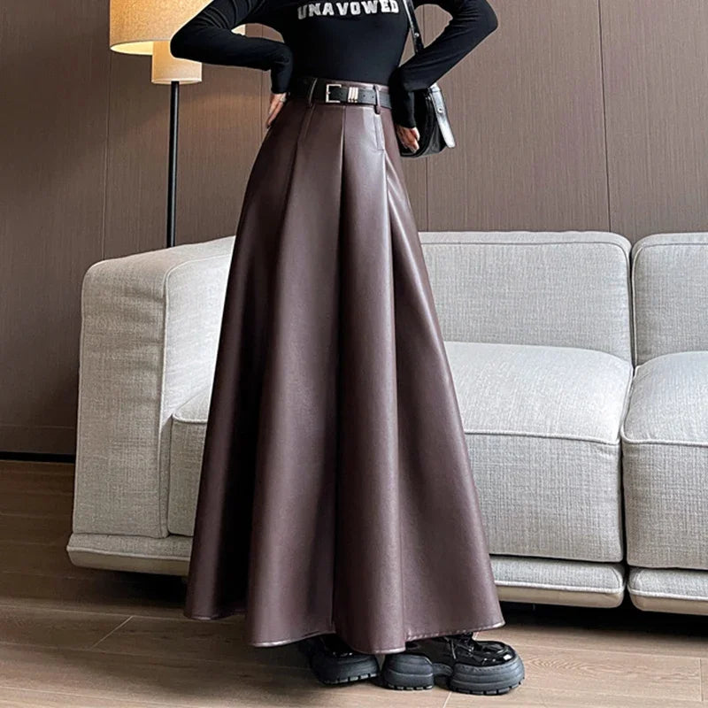 Ankle Length Faux Leather Skirt for Women Autumn Winter Elegant Belt A Line High Waist Long Maxi PU Skirt Female Z380