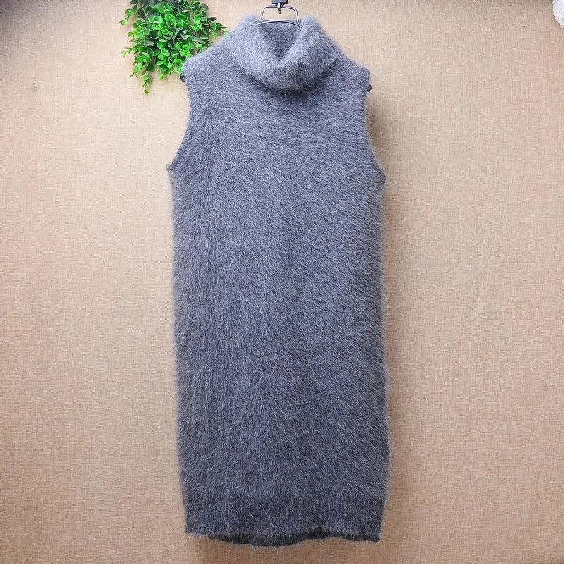 Ladies Women Fall Winter Clothing Hairy Angora Rabbit Hair Knitted Sleeveless Turtleneck Slim Blouses Vest Mink Fur Sweater