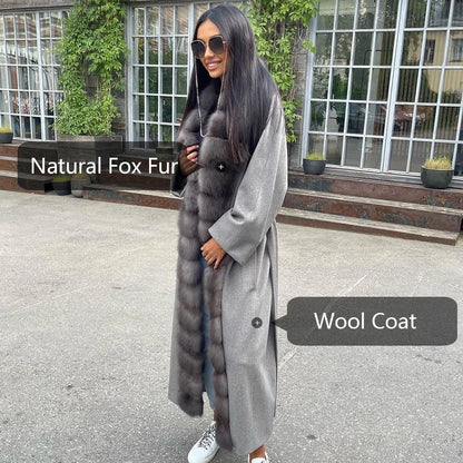 Long Gray Wool Coat Women Real Cashmere Coat Natural Fox Fur Trim 2024 New Style Womens Wool Coat Matching Belt Woolen Jackets