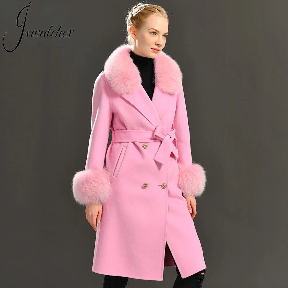 Women's Cashmere Wool Coat Spring Real Fox Fur Collar Woolen Trench Jacket Winter Adjustable Waist Slim Ladies Long Overcoat