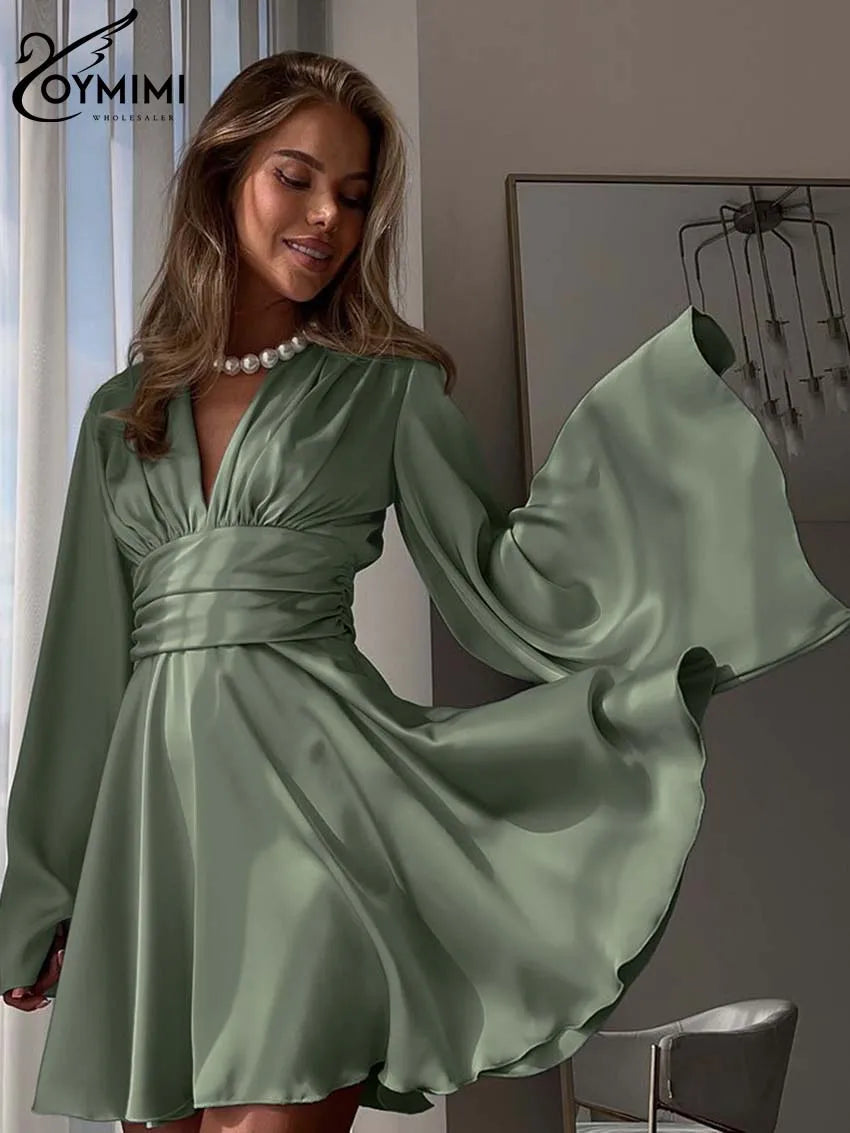 Oymimi Fashion Green Satin Women's Dress Elegant Deep V-Neck Long Sleeve Dresses Autumn High Waist Pleated Mini Dresses Female