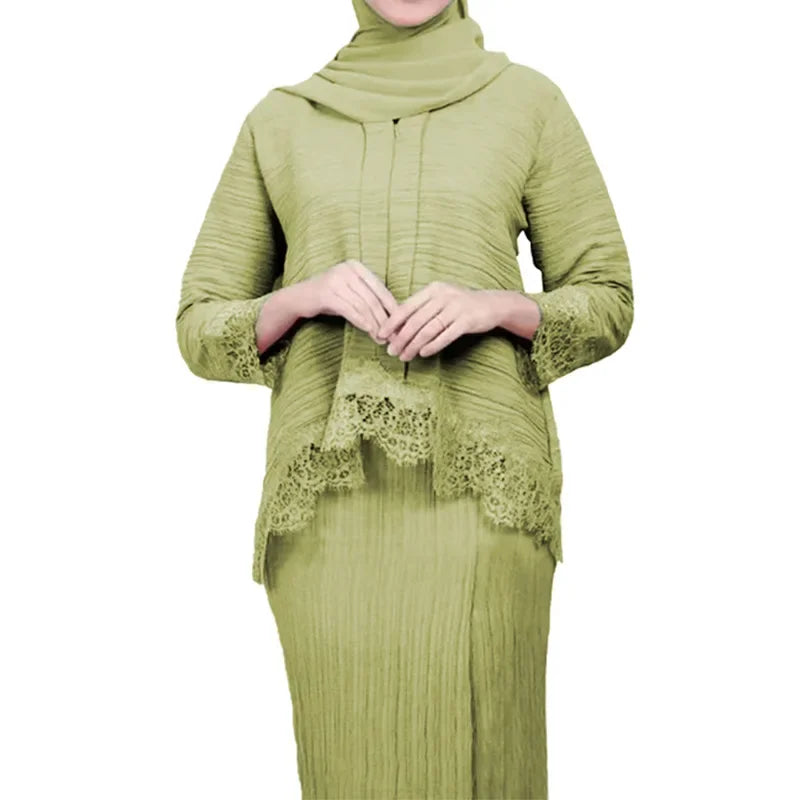 Muslim Abaya Set – Lace Pleated Top & Maxi Skirt