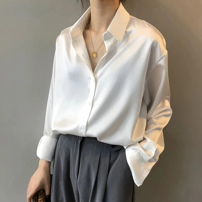 Spring Fashion Button Up Silk Shirt Vintage Blouse Women Satin Tops Office Lady Elegant Long Sleeves Loose Shirts