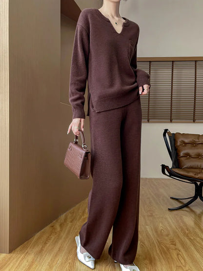 Women's Sweater Pocket Pullover Pants Suit 100% Merino Wool Knitwear V- Neck Cashmere Casual Set Solid Long Sleeve Autumn Winter