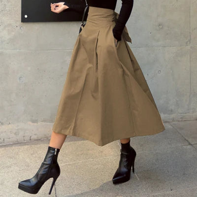 Skirts Womens Korean Fashion Solid Color Big Swing Ladies Skirt Long Skirt Autumn Wild High Waist Bow Slim Skirts