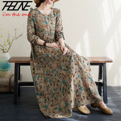 Dresses for Women Autumn Winter Maxi Long Sleeve Vestidos Largos Feminino Robe Boho Casual Floral Loose Cotton Linen