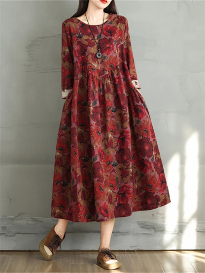 Cotton Vintage Print Floral Dresses 2024 Women Casual Loose Long Sleeve Dress Femme Robe Vestidos Elegant Spring Autumn Clothing