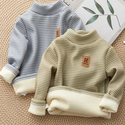 2-10Y Winter Kid's Undershirts Cute Childrens Stripe Bottoming Shirt Warm Boys Fur Lining Top Girls Half High Collar Blouse