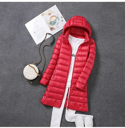 2025 Women Spring Jacket Ultralight Thin Packable Down Long Jacket  Female Hat Detachable Slim Fit Skirt Coat Portable Outwear