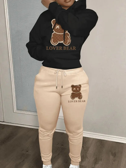 Lovely Bear Letter Print Kangaroo Pocket Tracksuit Set Long Sleeve Hoodie+Drawstring Trousers Women Two Pieces Matching Suits