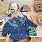 2025 Winter Autumn Little Girls Denim Jacket Korean Style Children's Warm Long Sleeve Coat Tops Kids Lace Blouse Cardigan Jacket