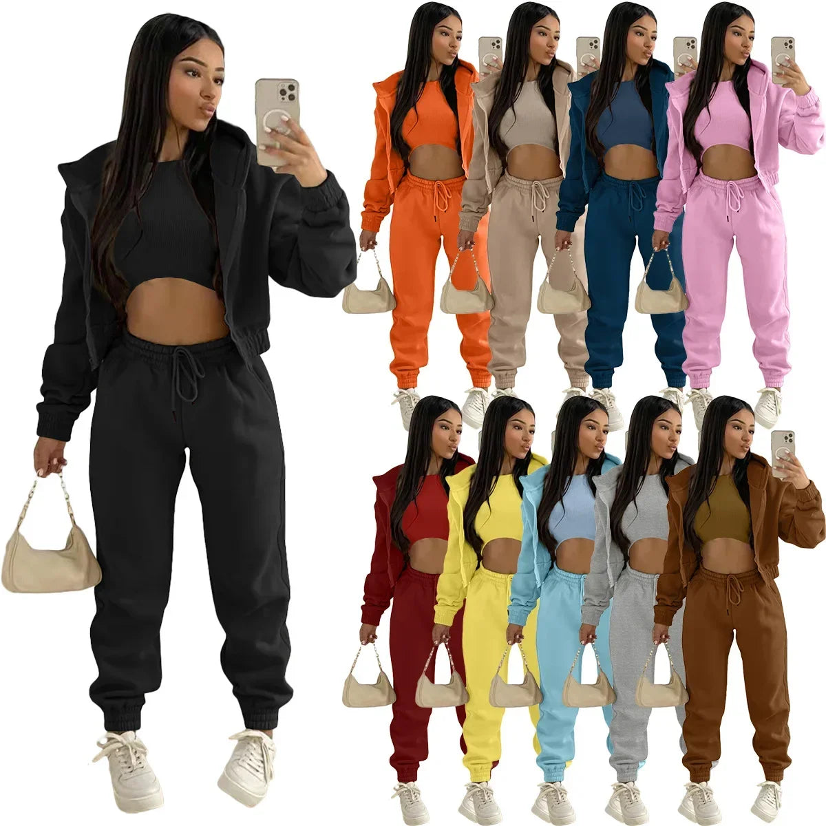 Custom LOGO made autumn women's thick 2-piece sportswear jogger suit 3-piece sportswear and hoodie suit