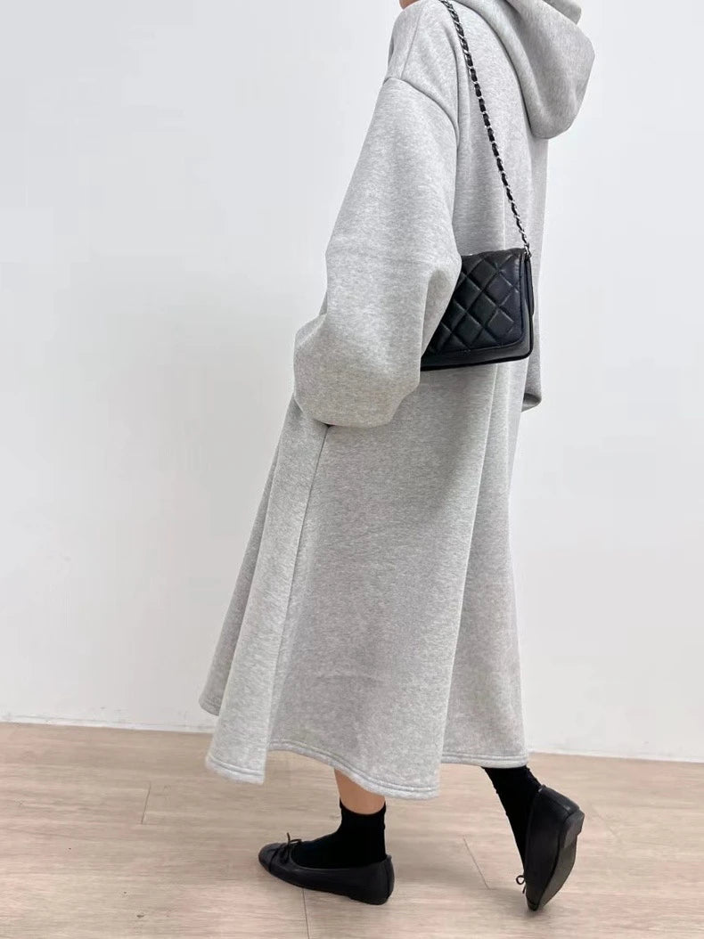 Korean split hoodet for women, gray dress, simple laser style, drawn string hoods, long arm length, autumn and winter