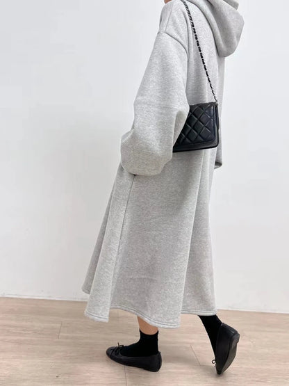 Korean split hoodet for women, gray dress, simple laser style, drawn string hoods, long arm length, autumn and winter