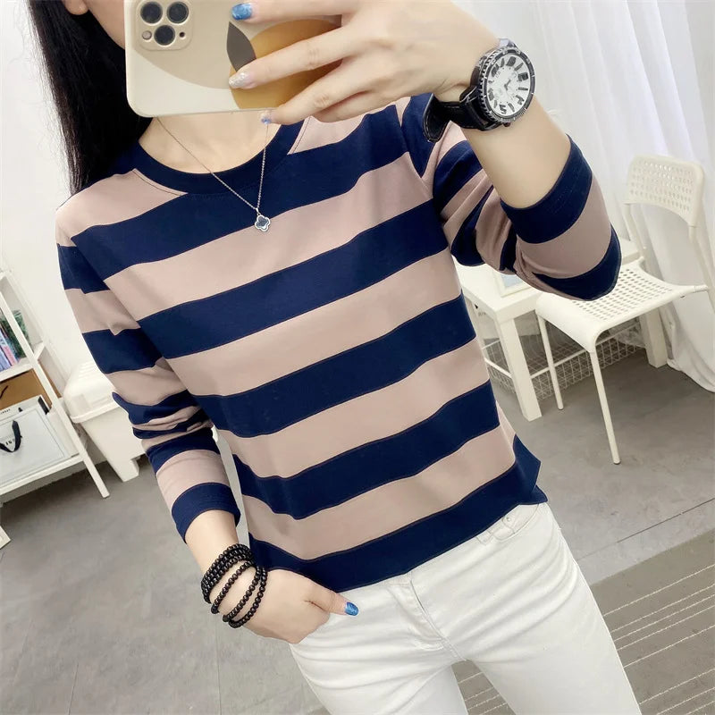 Autumn Loose Pure Cotton Long Sleeve T-shirt Women Clothing Middle-aged Mom Base Shirt Striped Top