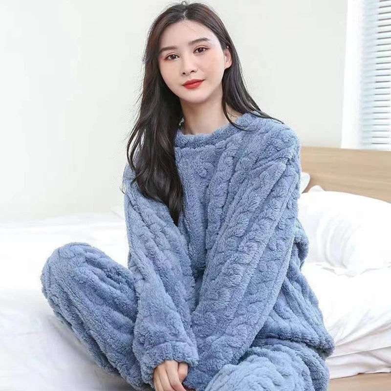 Autumn Women Solid Warm 2 Piece Sets Thicken Velvet Ribbed Fleece Set Pullover And Pants Women Casual