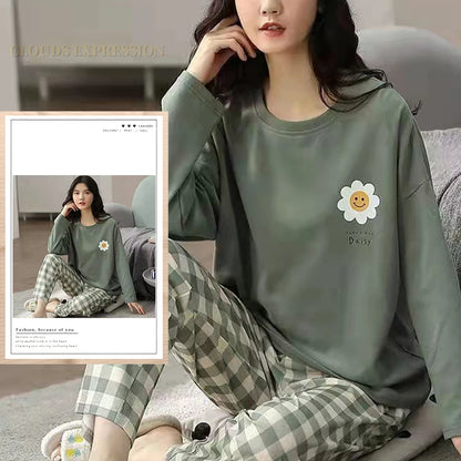 Spring Autumn Big Size 5XL Women Polyester Pajamas Plaid Sleepwear Long-sleeved Homewear Sets Womens Simple Loose Casual Pijamas