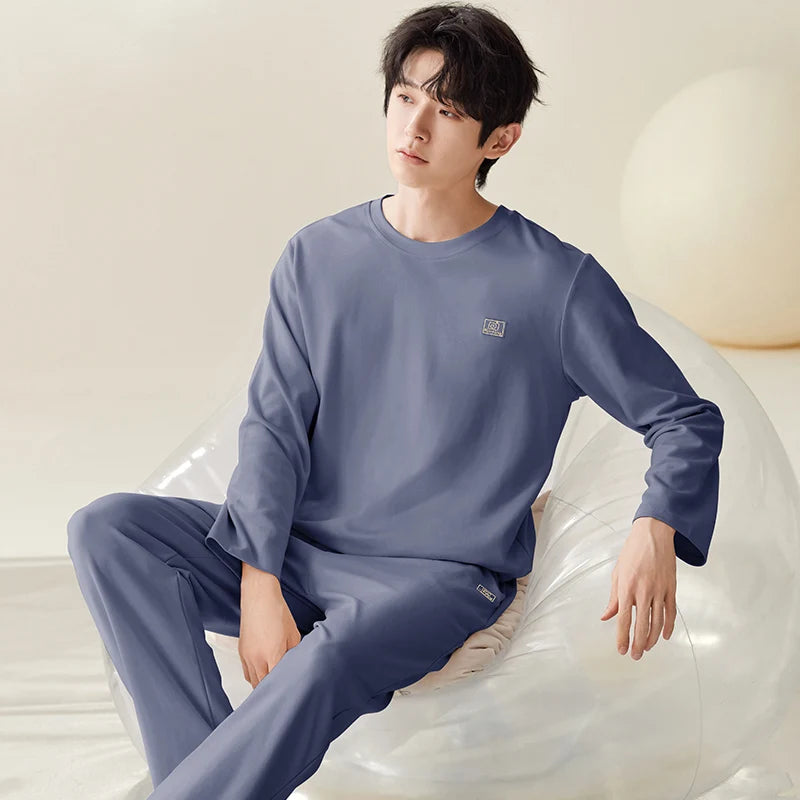 Men Pajamas Solid Color Casual Long Sleeves Long Pants Autumn Winter Simple Sleepwear Cozy Pijamas Soft Pyjamas Boys Nighty Male