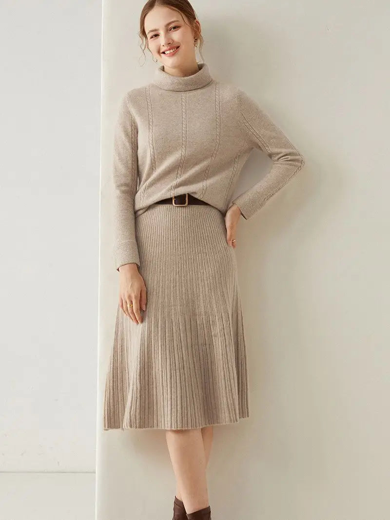 BirdTree Wool Cashmere Sweater Skirt Set, Women's Mock Neck Stripe Loose, Fashion Elegant Knit Suit Spring New