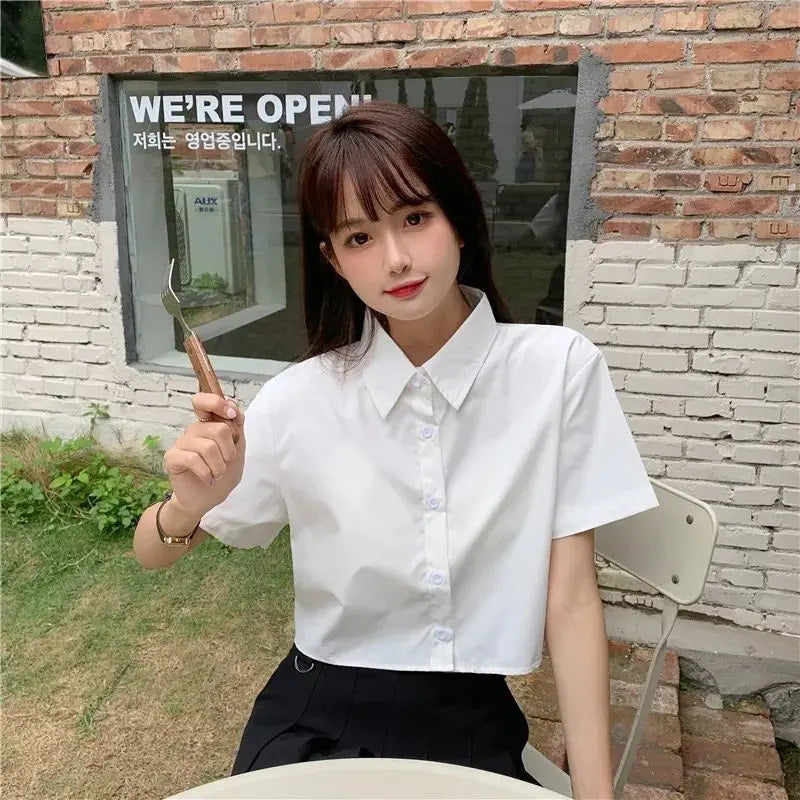 Oversize White Cropped Shirt Women Summer Short Sleeve Polo Neck Sweet Preppy Button Short Shirts Korean Female Blouses Blusa