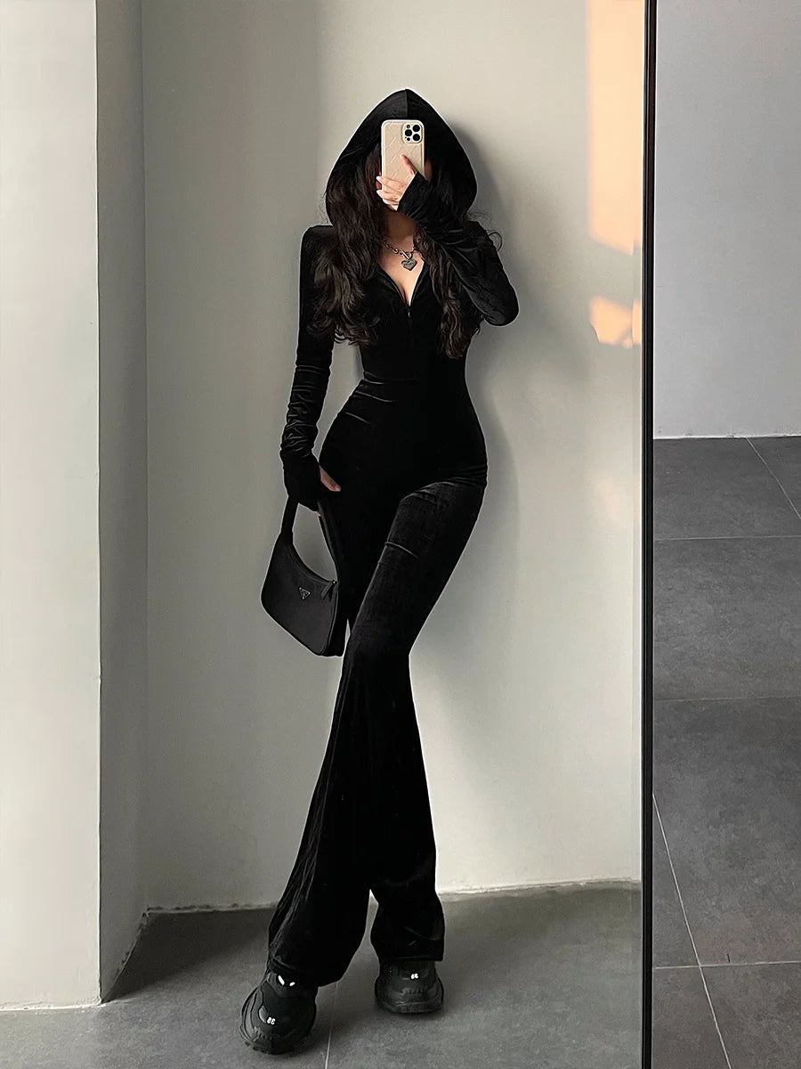 TVVOVVIN  Fashion Black Velvet Slim Hooded Zipper Long Sleeve Flare Pants Jumpsuit Rompers Korean Sexy Hot Tops