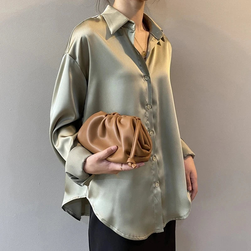 Spring Fashion Button Up Silk Shirt Vintage Blouse Women Satin Tops Office Lady Elegant Long Sleeves Loose Shirts