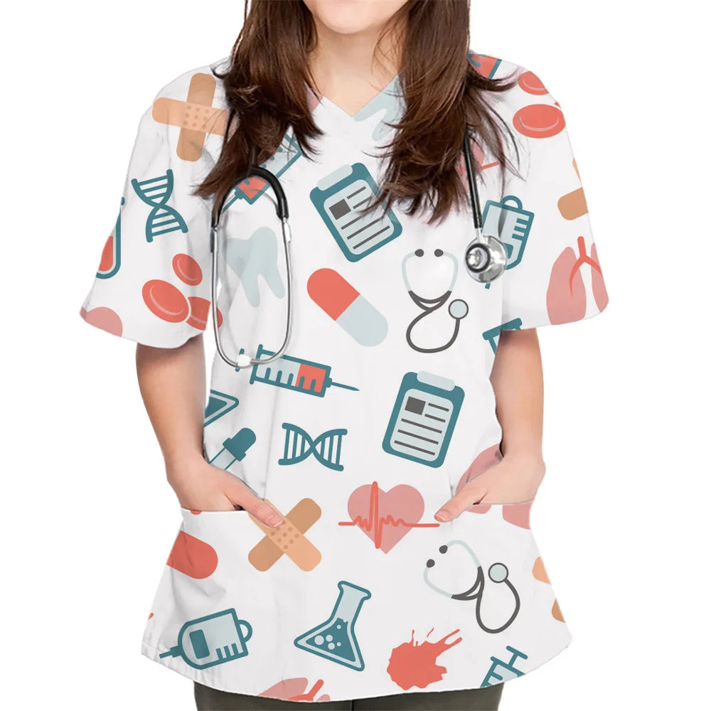 Women's Surgical Uniforms Medical Product Graphic Print V Neck Scrub Tops Elegant Short Sleeve Pocket Design Nurse Uniform