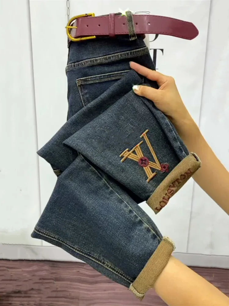 NEW Spring Autumn High Waist Straight Jeans Loose Fit Stretch Haren Denim Pants Ladies Ankle-Length Jeans Pants