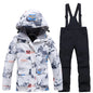 Fashion Printed Skiing Jacket + Bib Pants Snowsuits 2-Piece Boys Girls Hooded Winter Warm Windproof Snowboarding Wear