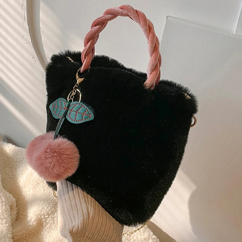 Cute Cherry Plush Bag Handbag Korean INS Autumn Winter Versatile Shoulder Bag Fashion Plush Crossbody Bag Ladies Chain Bag