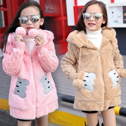 Autumn Winter Girls Jacket Cute Rabbit Bear Keep Warm Little Princess Plush Jacket Hooded Zipper Sweater 3-12 Years Kids Clothes