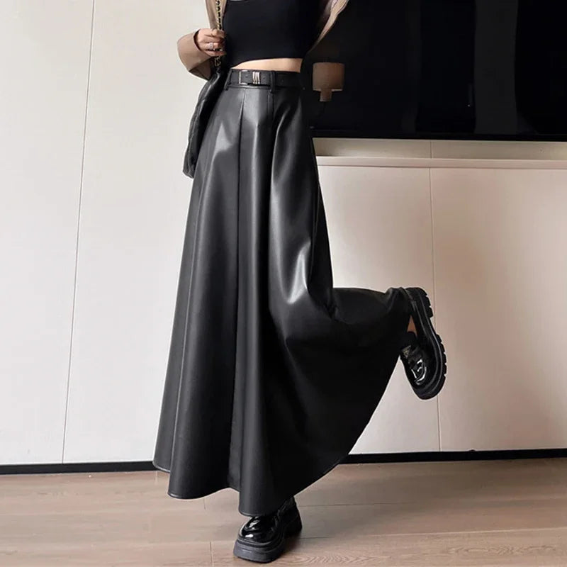 Ankle Length Faux Leather Skirt for Women Autumn Winter Elegant Belt A Line High Waist Long Maxi PU Skirt Female Z380