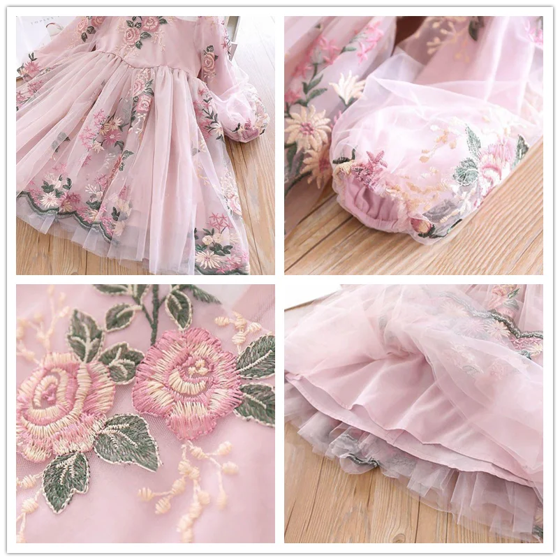 Little Girls Autumn Full Sleeves Dress for Children Party Kids Casual Dress Pink Floral Embroidery Dresses Princess Wear Vestido