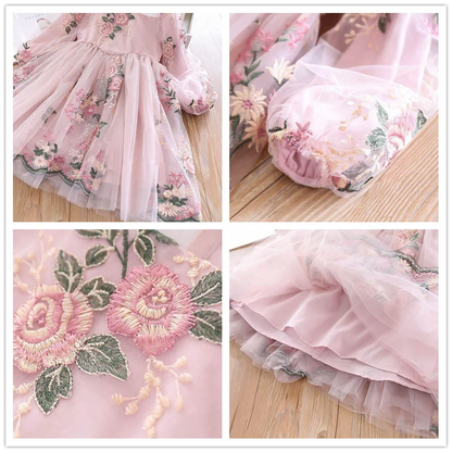 Little Girls Autumn Full Sleeves Dress for Children Party Kids Casual Dress Pink Floral Embroidery Dresses Princess Wear Vestido