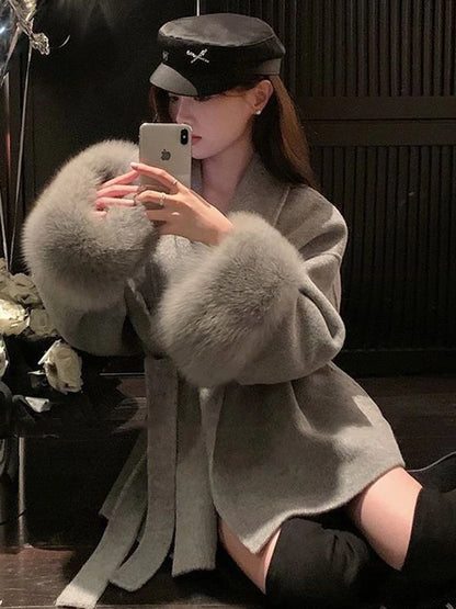 UCXQ Elegant OL Office Lady Overcoats Fur Patchwork Long Sleeve Woolen Coat Beautiful Women's Clothing Jacket Autumn 2025 Spring