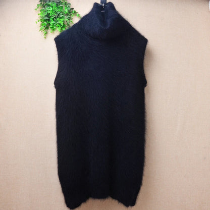 Ladies Women Fall Winter Clothing Hairy Angora Rabbit Hair Knitted Sleeveless Turtleneck Slim Blouses Vest Mink Fur Sweater