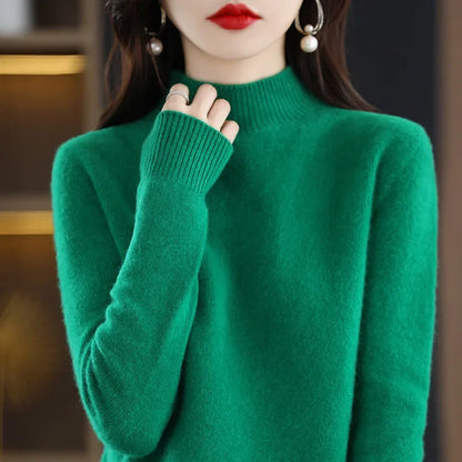 Autumn Winter Women Sweater Korean Fashion Warm Bottoming Shirts Half High Collar Basic Knitwear Solid Long Sleeve Pullovers