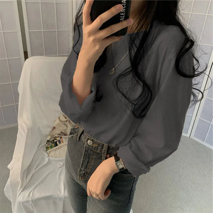 2024 Autumn Korean Fashion T-shirt Women Long Sleeve Winter Y2K Tee Shirt Femme Loose Basic Solid Clothes Women Tops Vintage