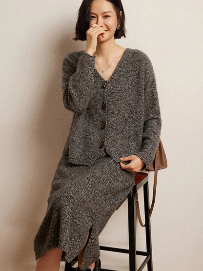 High-end Women's Set Suit 100% Goat Cashmere Knitted Cardigan Sweater and Skirt Two-Piece Spring Autumn Winter New Chic Clothing