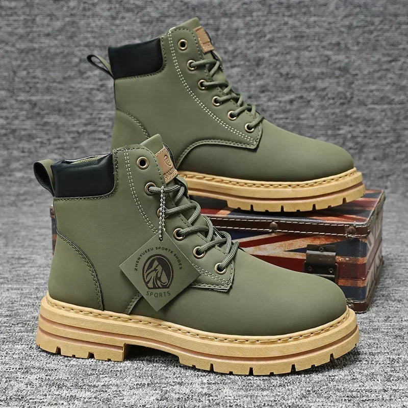 Men Leather Shoes High Top Boots Fashion Motorcycle Ankle Boots Men Winter Boots Man Shoes Lace-Up Botas Hombre Spring Hot Sale