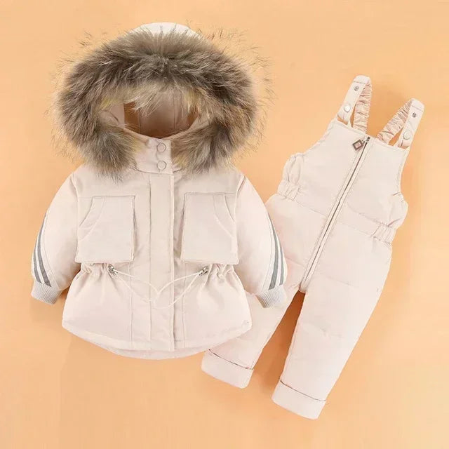 -30 Degree Down Jacket Jumpsuit Winter Overall for Children Clothes Set Baby Boy Parka Real Fur Girl Toddler Thick Warm Snowsuit