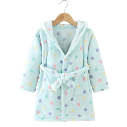 Children Hooded Flannel Bathrobe Robes Adorable Comfortable Cartoon print pattern Boys and Girls Home Wear Casual Sleepwear