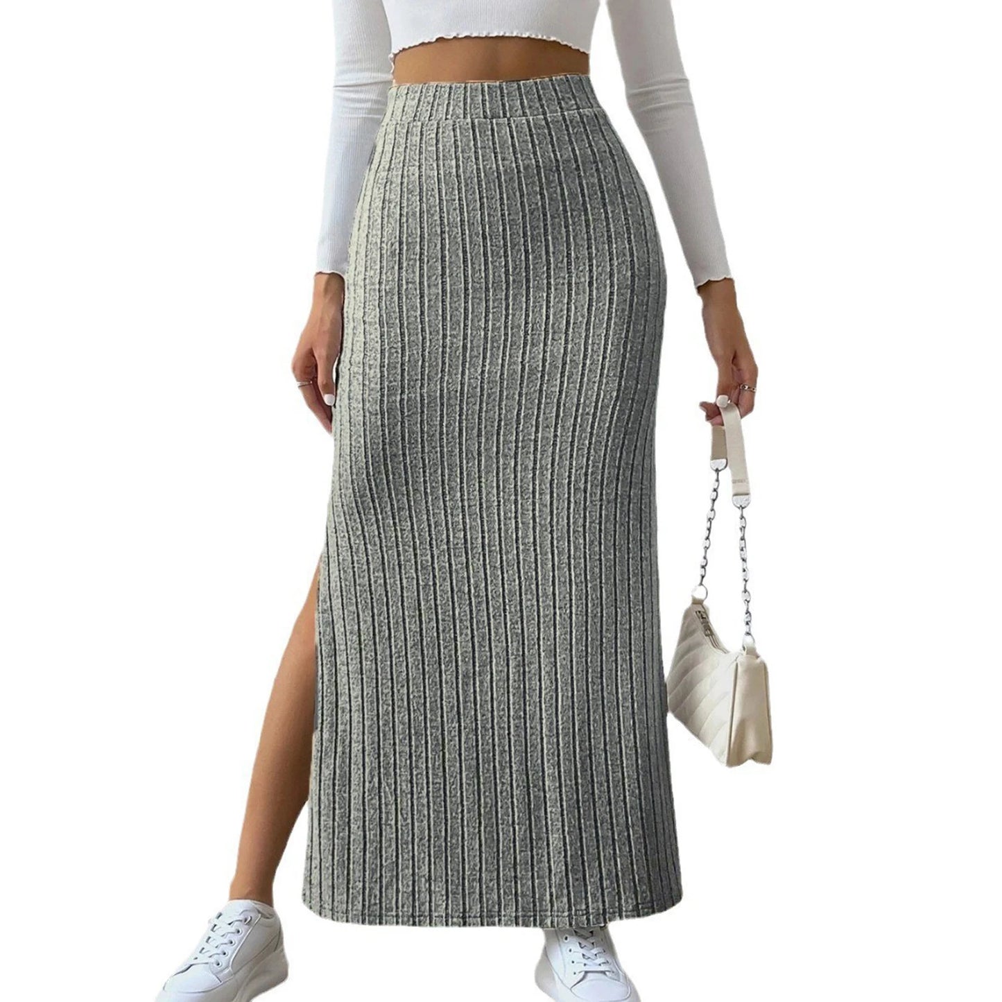 Solid Color Long Skirt Striped High Waist Knitted Maxi Skirt for Women Warm Slim Fit Ankle Length Sheath Skirt with Split Hem