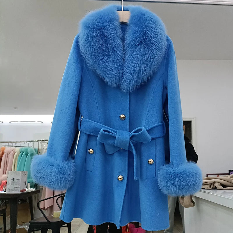 Winter Real Fox Fur Coat Women Wool Jacket With Natural Fox Fur Collar Slim Female Woolen Cashmere Outwear