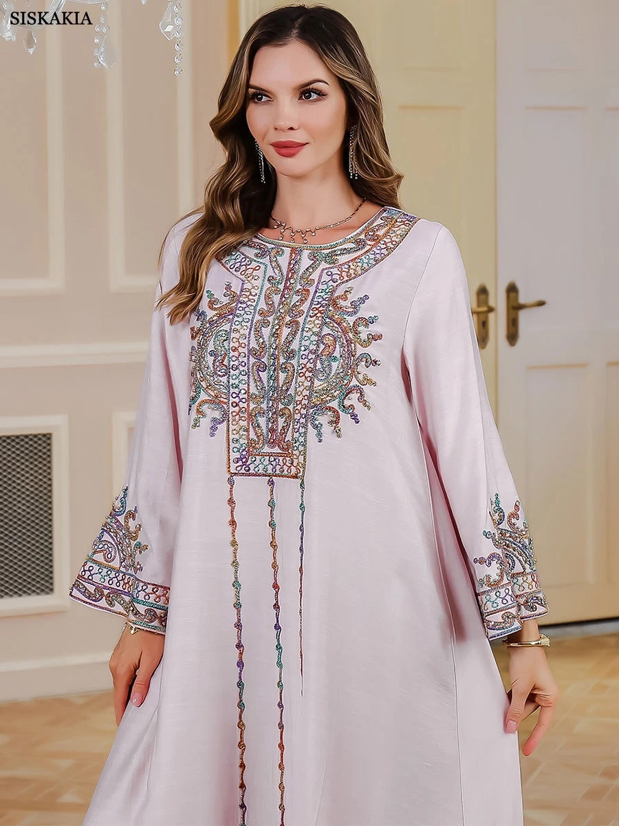 Siskakia Muslim Rope Embroidery Abaya For Woman With Beading O-Neck Elegant Casual Moroccan Saudi Loose Kaftan Dubai Robe