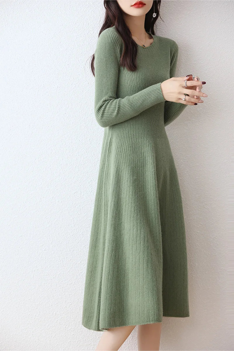 Women's Merino Wool Long Sweater Dress, Round Neck, Striped, Thick, Monochromatic, 100% Merino, Autumn, Winter, New, Official