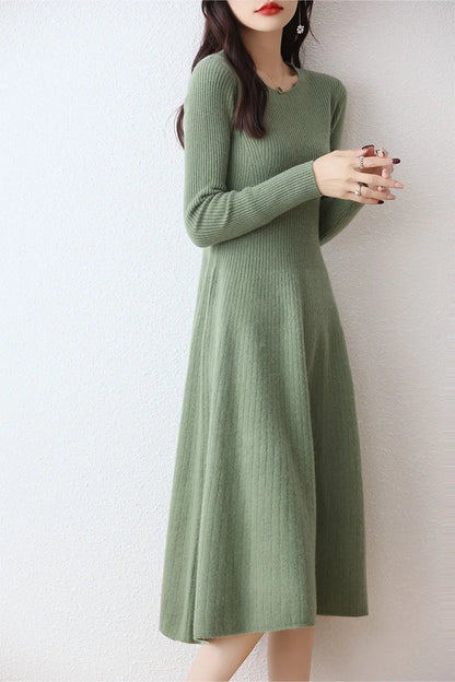 Women's Merino Wool Long Sweater Dress, Round Neck, Striped, Thick, Monochromatic, 100% Merino, Autumn, Winter, New, Official