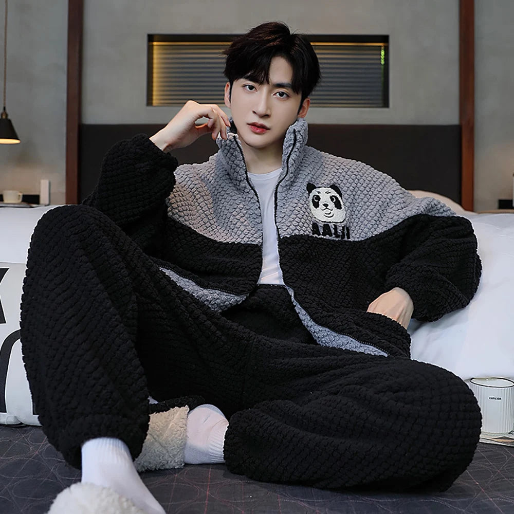 Antistatic Coral Fleece Men's Winter Pajamas Set Thicken Flannel Warm Sleepwear Big Size 3XL Zipper Soft Pajama Men pyjama homme